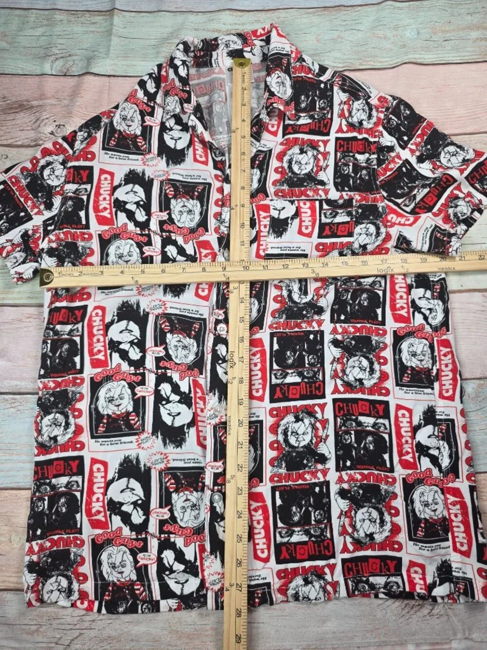 Chucky Mens Button-Down Shirt With Red & Black Horror Comic Print Size Medium